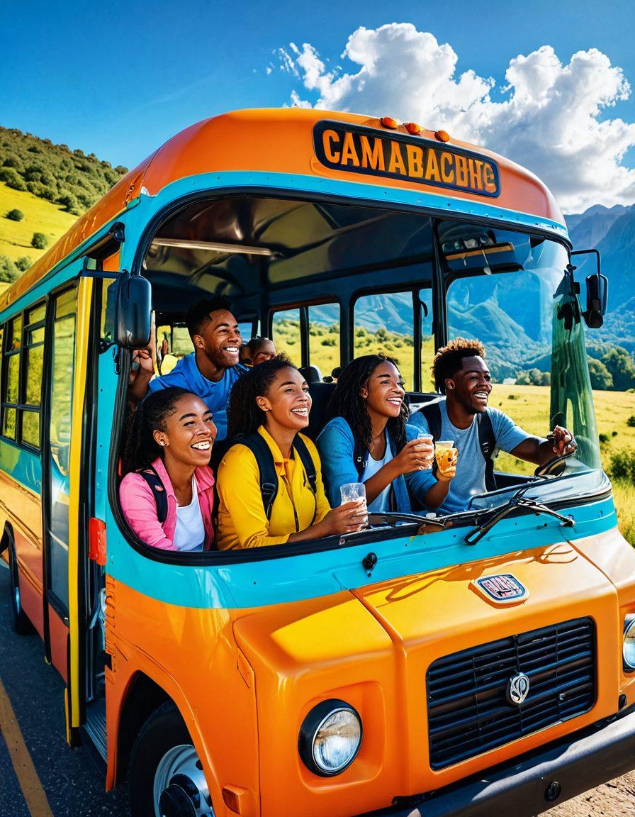 A joyful group of diverse travelers sitting together on a colorful bus, surrounded by scenic landscapes through large windows, showcasing smiles and laughter. Include travel essentials like backpacks and snacks, with sunlight streaming in, creating a warm and inviting atmosphere. The background features vibrant scenery with lush greenery and blue skies. cartoonish art style. bright colors. cheerful vibe.