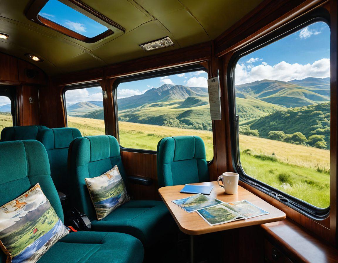 A scenic coach traveling through lush green hills under a bright blue sky, with passengers enjoying the view through large windows. Incorporate elements of travel tips, like a partially visible travel guide and an open map on the table. Add a cozy, inviting interior of the coach, showcasing comfy seats and personal items. Make the colors vibrant to evoke a sense of adventure and excitement. super-realistic. vibrant colors. natural scenery.