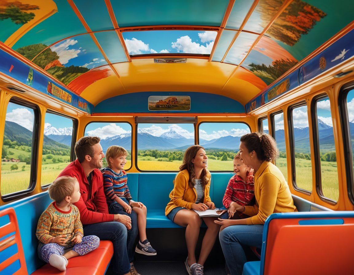 A joyful family sitting by a window on a colorful bus, with scenic landscapes rolling by, including mountains, forests, and a bright blue sky. The children are laughing and pointing at sights, while the parents share smiles, capturing moments of happiness and togetherness. The bus interior is vibrant and cozy, adorned with travel memorabilia. super-realistic. vibrant colors. 3D.